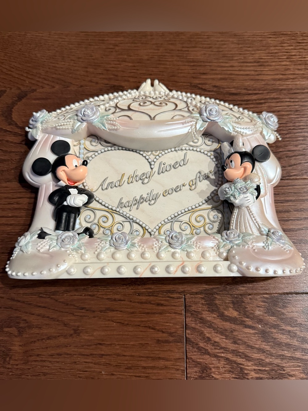Disney Pearl White Mickey & Minnie Wedding Frame with Floral Accents